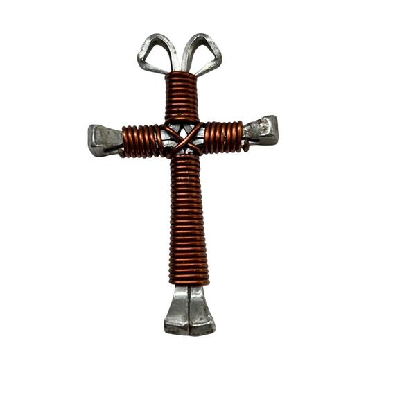 Silvertone and Copper Color Wrapped Cross Pendant Funky 1.75" - Picture 1 of 7